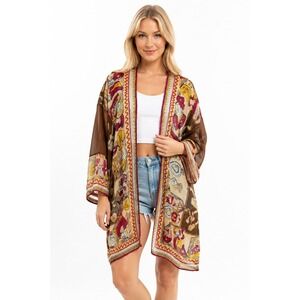 Vtg Sheer Kimono Cardigan Perfume Print Boho Chic Open Front Duster Topper Glam